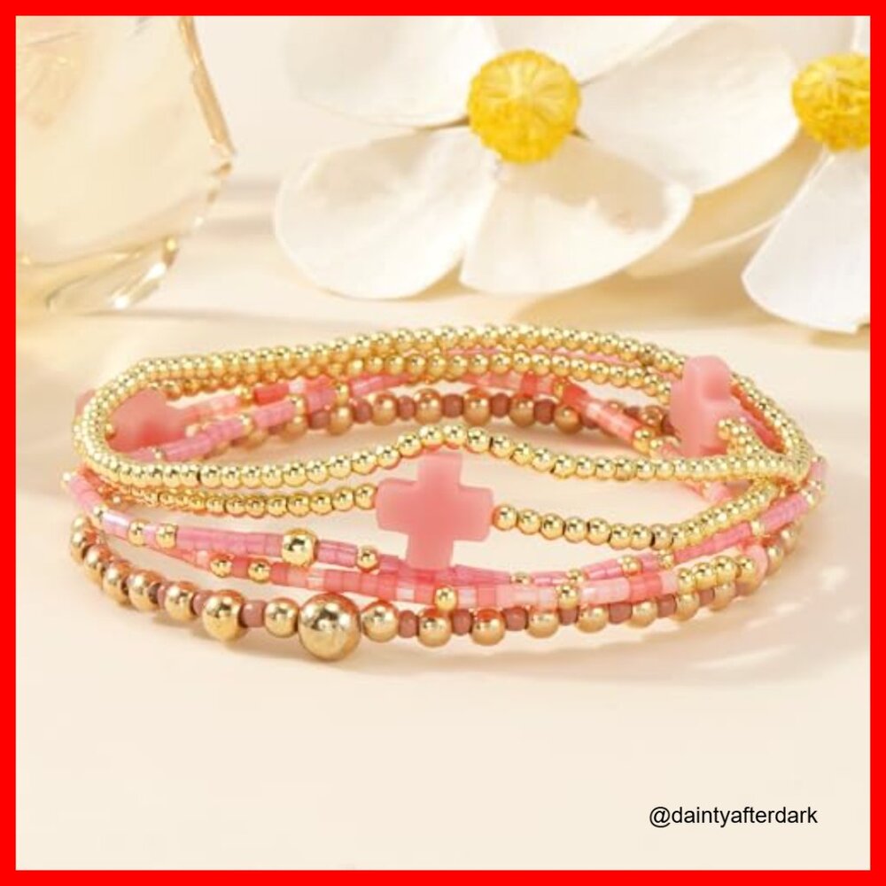 Gold Plated Stretch Bracelets Stack Set Boho Bead… - image 3